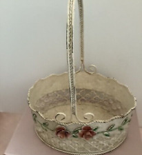 Shabby chic Vintage metal floral basket with handle, green vines. VVC picture
