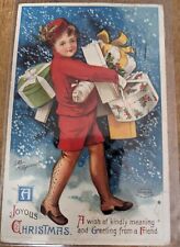Vintage Ellen Clapsaddle Christmas Postcard Girl Red Dress Carrying Gifts 1912 P picture