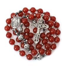 Red Garnet Beads Rosary Necklace Miraculous Medal with Silver Crucifix picture