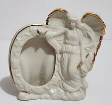 Vintage Small Ivory w/ Gold Trim Ceramic Angel With Flute & Dove Photo Frame picture