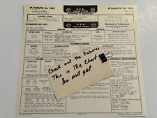 AEA Tune-Up Chart System 1963 Plymouth Fury Savoy Belvedere Six Cylinder Engine picture