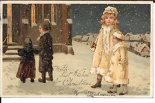 GIRLS IN COATS HEADING TO CHURCH, VINTAGE 1908 GERMAN CHRISTMAS POSTCARD J334 picture