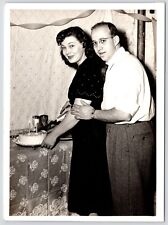 c1950s~Birthday Couple Cutting Cake~Basement Party~VTG Black & White Photo picture