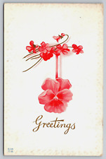 Postcard Greetings Pink Flowers Embossed Posted Vintage Antique Card 1914 picture