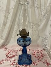 Antique Blue Coolidge Drape Glass Oil Kerosene Lamp #2 Queen Anne Burner w/ Wick picture