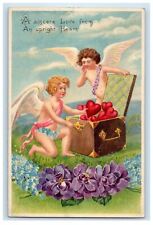 1908 Valentine Two Cherub Angels Hearts In Box Pansies Flowers Antique Postcard picture
