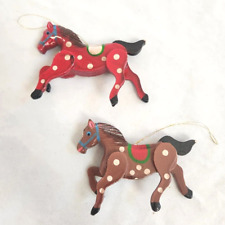 Vintage Wooden Galloping Horse Christmas Ornaments Polka Dots Saddle Red Brown picture