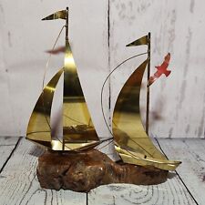 Vintage Pair of Brass Sailboat Sculptures on Solid Wood Base Nautical Home Decor picture