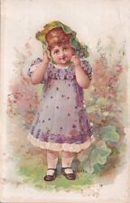 1800's Victorian Trade Card -Cute Girl Blue Dress Bonnett picture