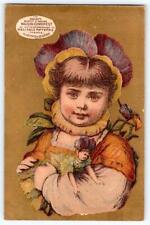 MAISON DEMOREST RELIABLE PATTERNS PANSY FLOWER HEAD GIRL WITH DOLL TRADE CARD picture