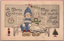 1910s Artist-Signed WALL Christmas Postcard Dutch Boy & Girl / Hand-Colored picture