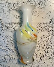 Vintage Hand Blown Murano Glass Rainbow Swirl Scalloped Vase Tall MCM 14 Inches picture