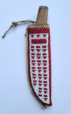 MODERN Red & White Indian Beaded Knife Sheath w/ VINTAGE Skinning Knife  picture