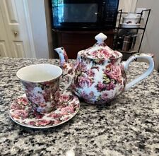 Darice Teacup And Saucer Roses Chintz & Teapot No Chips Or Cracks Clean picture