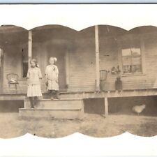 c1910s 2 Cute Little Girls House Porch RPPC Farm Chicken Kids Real Photo PC A133 picture