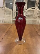 Vintage 14” RED Blenko Handcraft Glass Vase Dual Handle New Made In USA picture