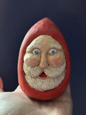 Hand Carved Wood Santa Head Signed Pointy Hat picture