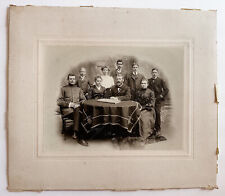 Antique Family Photo 9 People + Dog Around Table 13x12