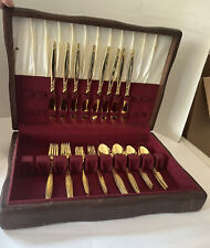 Royal Elegance Gold Nickel Plated Flatware 8 Place Setting Anti Tarnish Wood Box picture