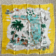 Vintage 1960s FLORIDA Souvenir State Yellow & Turquoise  Rayon Square Scarf picture