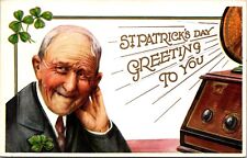 St. Patrick's Day Postcard Old Man Listening to Radio Greetings Clover Shamrock picture