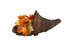 Cornucopia Horn Dark Natural Wood Basket Twig Filler Leaves Picks Thanksgiving picture