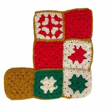Vintage Granny Square Christmas Stocking Boot Heel Green Red Gold Hand Crocheted picture