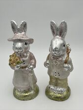 SET PAIR OF 2 GANZ FAUX SILVER FOIL WRAPPED BUNNY RABBIT BUNNIES EASTER FIGURINE picture