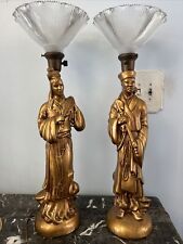 Antique Pair Chalkware ASIAN Oriental Couple Man Woman gold Robes figural LAMPS picture