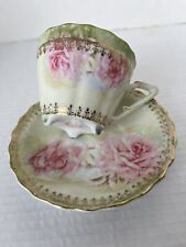 Antique RS Prusia Porcelain Tea Cup & Saucer Scalloped Pink Roses Gold Trim picture