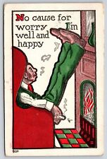 Comics~Smoking Man~I'm Well & Happy~Feet Up~Fireplace~EBE Co~1908 UDB Postcard picture