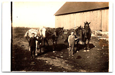 Postcard RPPC Farm Boys Posing with 4 Draft Work Horses Wearing Tack c1910 A11 picture