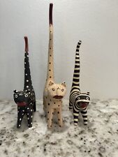 LONG TAIL WOODEN “MOMMY AND HER 2 KITTENS” HAND PAINTED FOLK ART picture
