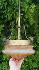 Antique 1900 Brass Ceiling Fixture Light Hanging Lamp & Reverse Painted Shade picture