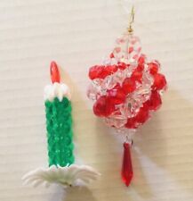 VINTAGE Handmade Beaded Xmas Ornaments Beaded candle & bauble Red Green Lot Of 2 picture