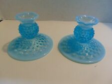 Vintage Fenton Blue Opalescent Hobnail Glass Taper Ruffle Rim Top Candle holders picture