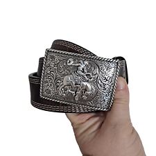 Nocona Bronco Belt Size 34 Brown Leather Cowboy Rodeo Western Silver Buckle picture