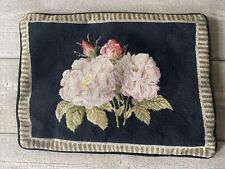 Vintage Needlepoint Floral Throw Pillow Velvet Back 16” X 8” picture