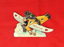 Early 1930's Mechanical Valentine Postcard, Boy Riding a Plane, Forget-me-nots picture