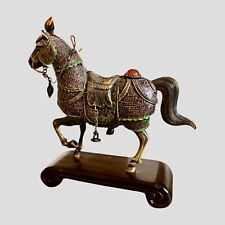Vintage Chinese Sterling Silver Cloisonne Enamel Horse Statue On Wood RARE 5” picture