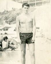 Shirtless Handsome young man bulge beach trunks gay vtg photo picture