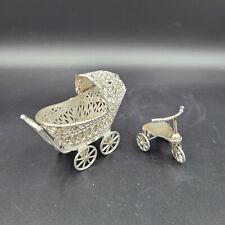 Antique Silver Metal Dollhouse Miniature Baby Buggy and Tricycle picture