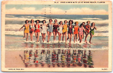 VINTAGE POSTCARD ICONIC IMAGE OF LINE OF (14) WOMEN BATHERS AT MIAMI BEACH 1938 picture