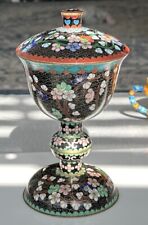 VINTAGE ANTIQUE CLOISONNE BLACK ENAMEL FLOWERS COVERED FOOTED COMPOTE DISH picture