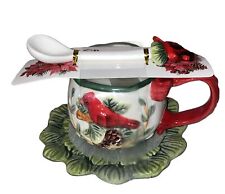 Corner Ruby CR Ridgefield Home Christmas Red Cardinal Teacup Saucer & Spoon-NEW picture