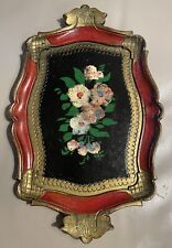Vintage Italian Gold Tone Tray with Floral Still Life Art in Center 13.5x9 inch picture