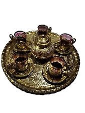 Turkish Tea Set For 5 1960s Hand Crafted Amethyst Glass & Brass Vtg MCM Rare picture