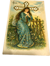 Antique Postcard Religious Virtue Faith Gold Gilt Cross Embossed 1908 picture