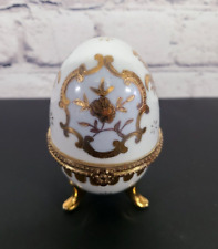 Vintage Ceramic Porcelain Easter Egg Shaped Hinged Footed Trinket Box Lid Gold picture
