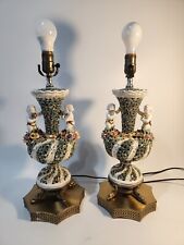 PAIR Antique Vintage Porcelian Lamps  Works Beautiful Cherubs Floral Gold picture